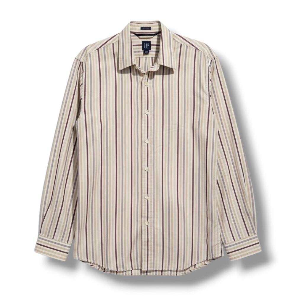 Gap men's tan/brown striped Classic fit button-down shirt  - medium